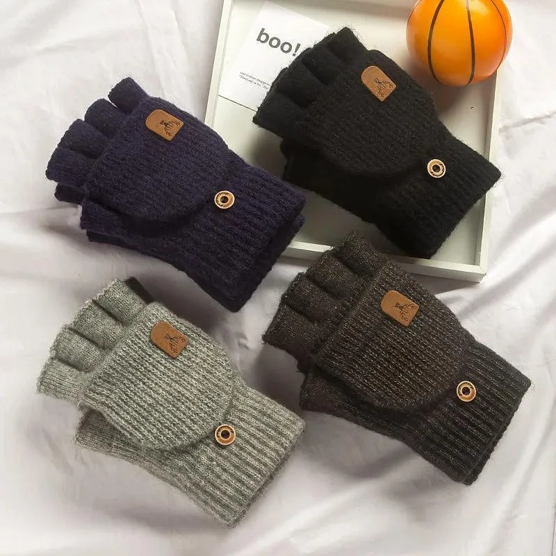 1pair Knitted Half Finger Gloves Winter Thicken Warm Touch Screen Gloves For Men Women