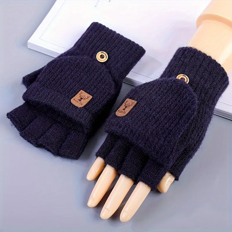 1pair Knitted Half Finger Gloves Winter Thicken Warm Touch Screen Gloves For Men Women