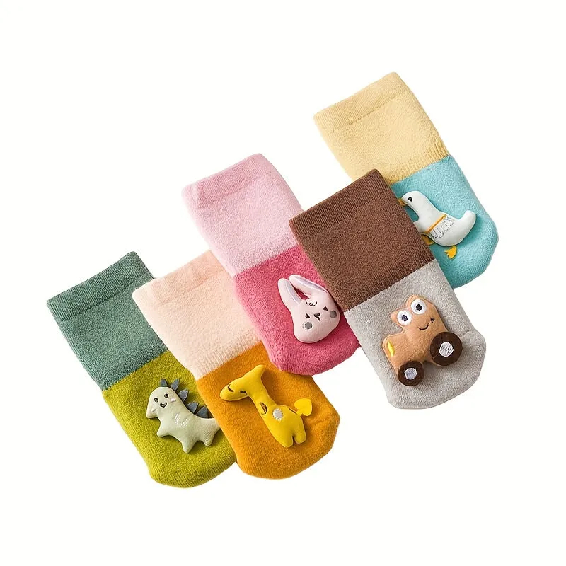 3 Pairs Of Baby Boy's Cartoon Animal Pattern Bottom Rubber Non-slip Warm Thermal Sports Socks, Cotton Blend Comfy Breathable Soft Socks For Kids Winter Fall Wearing