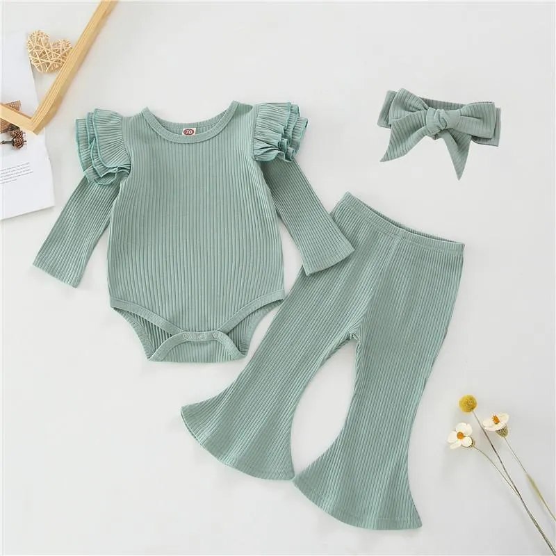 3-piece Solid Ruffle Bodysuit & Pants & Headband for Baby Girl Wholesale children's clothing