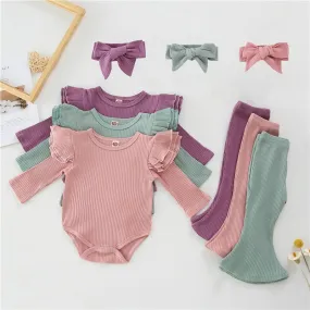 3-piece Solid Ruffle Bodysuit & Pants & Headband for Baby Girl Wholesale children's clothing