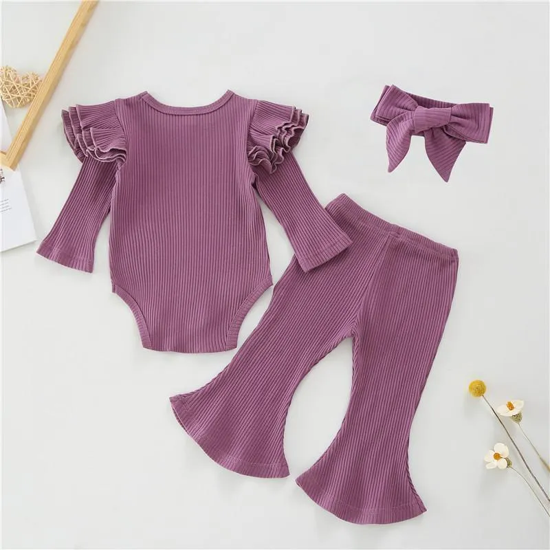 3-piece Solid Ruffle Bodysuit & Pants & Headband for Baby Girl Wholesale children's clothing