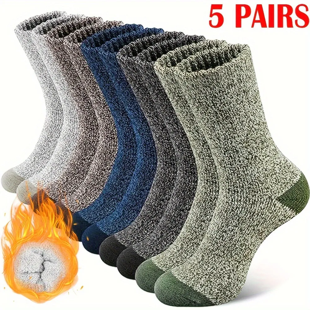 5 Pairs Unisex Merino Wool Blend Socks - All-Season Thermal Athletic Crew Socks with Cushioned Sole, Moisture-Wicking & Warm for Hiking, Fishing - Machine Washable Polyester, Wool & Cotton - Ideal Gift for Men & Women