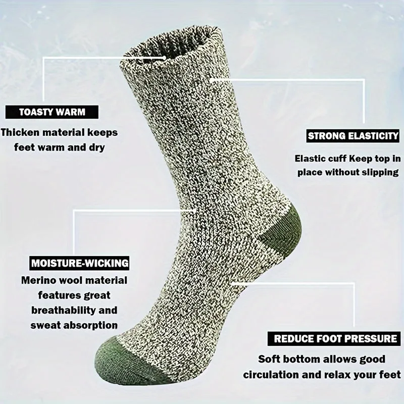 5 Pairs Unisex Merino Wool Blend Socks - All-Season Thermal Athletic Crew Socks with Cushioned Sole, Moisture-Wicking & Warm for Hiking, Fishing - Machine Washable Polyester, Wool & Cotton - Ideal Gift for Men & Women