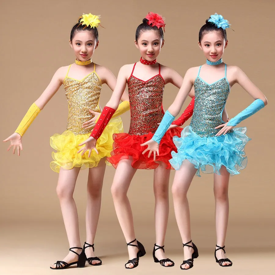 6-15 Years Children Dance Outfit (Dress, sleeves, headpiece) Sequins Girls Latin Dance Costume