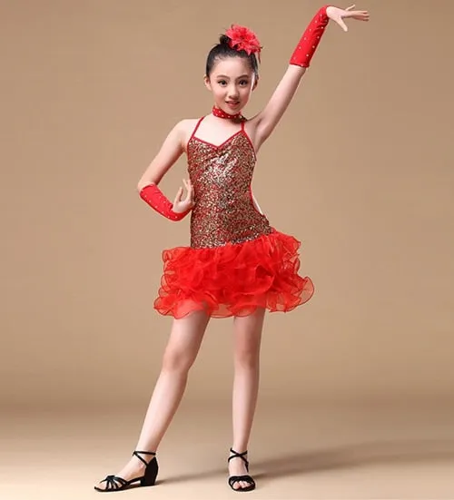 6-15 Years Children Dance Outfit (Dress, sleeves, headpiece) Sequins Girls Latin Dance Costume