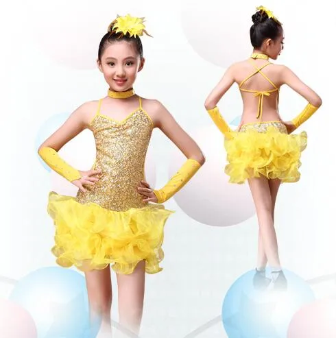 6-15 Years Children Dance Outfit (Dress, sleeves, headpiece) Sequins Girls Latin Dance Costume