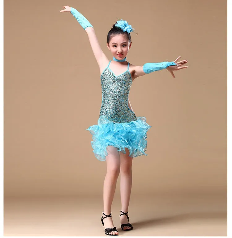 6-15 Years Children Dance Outfit (Dress, sleeves, headpiece) Sequins Girls Latin Dance Costume