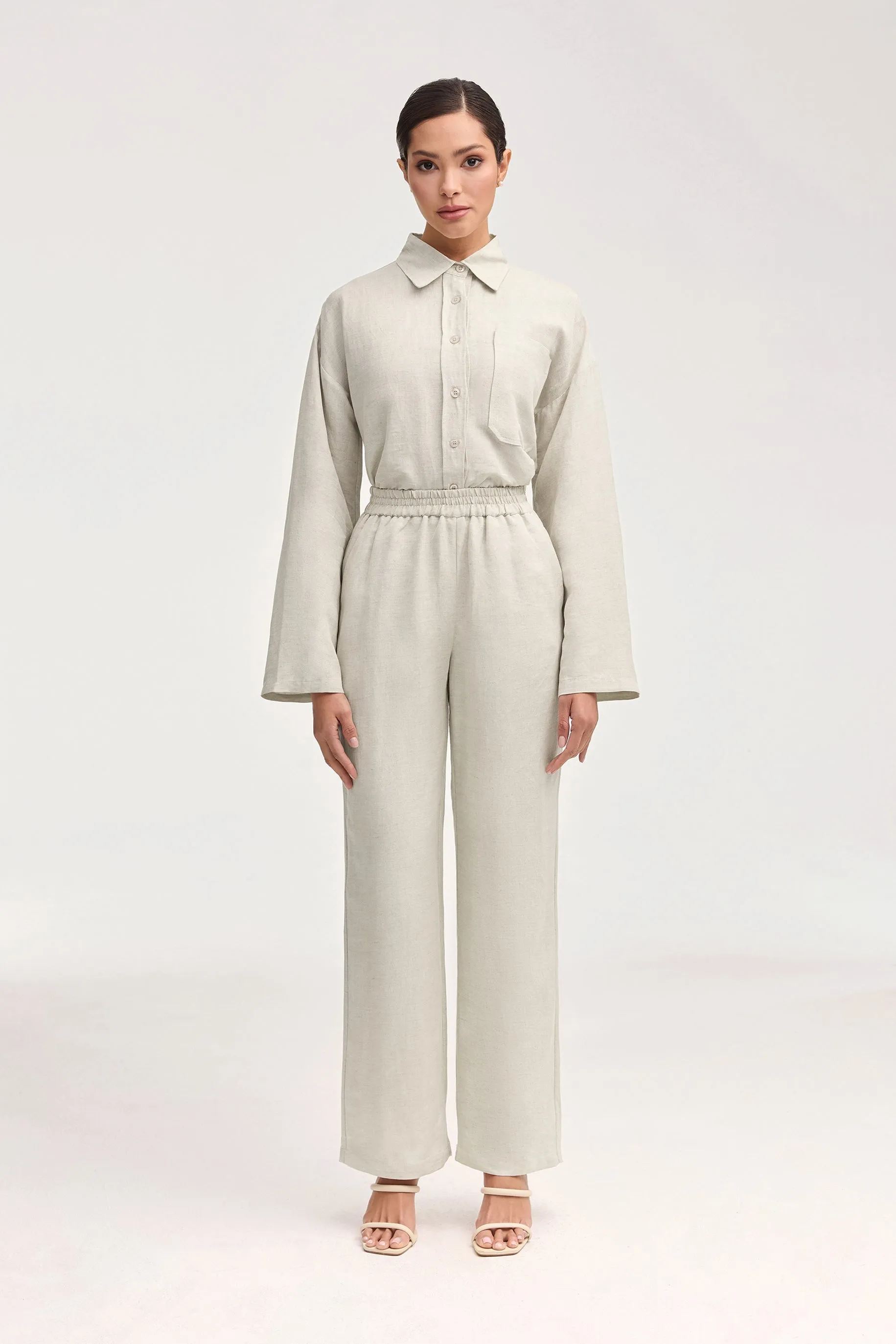 Adalila Linen Wide Leg Pants - Oatmeal