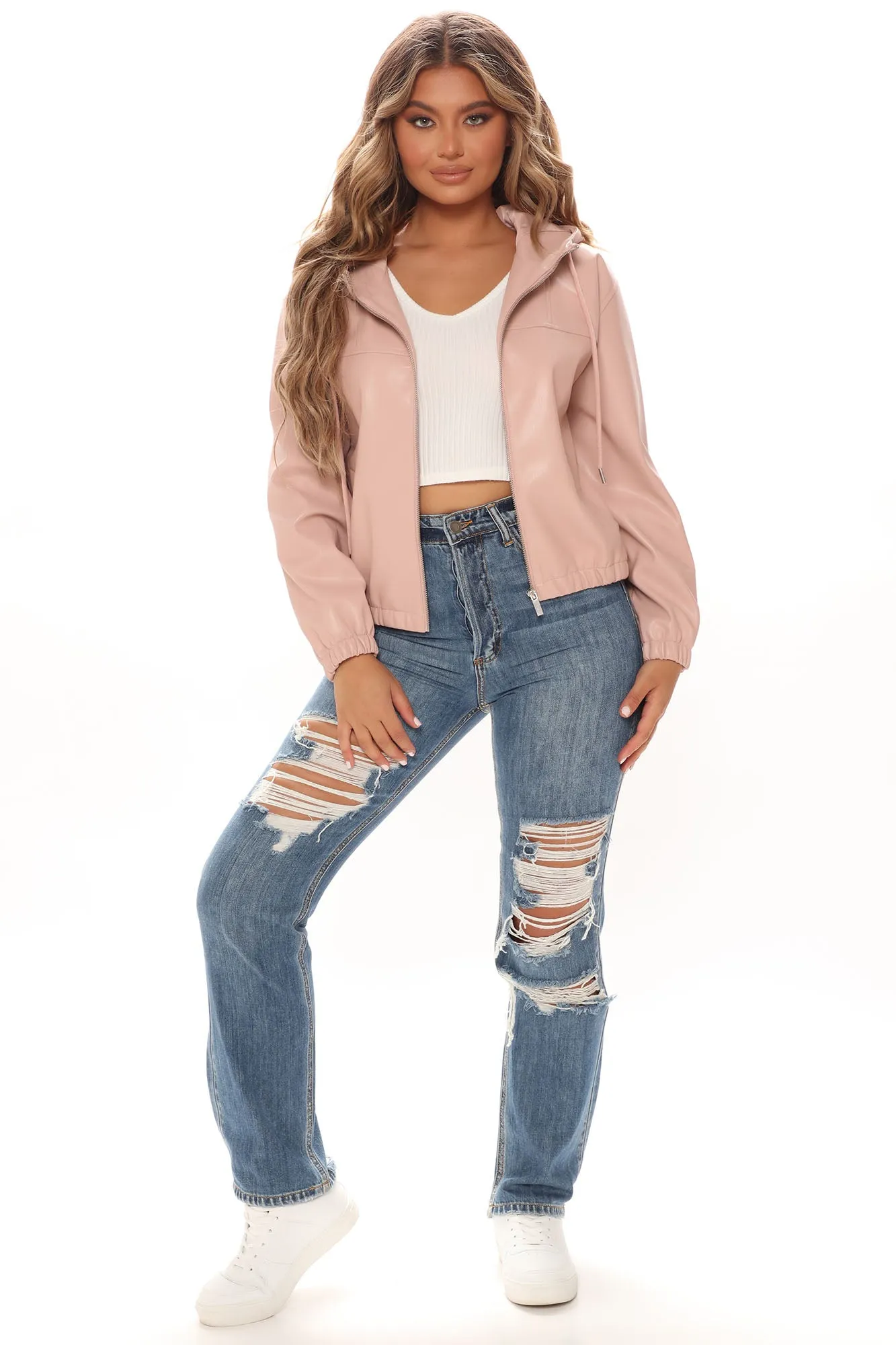 Bad Habits Faux Leather Bomber Jacket - Blush