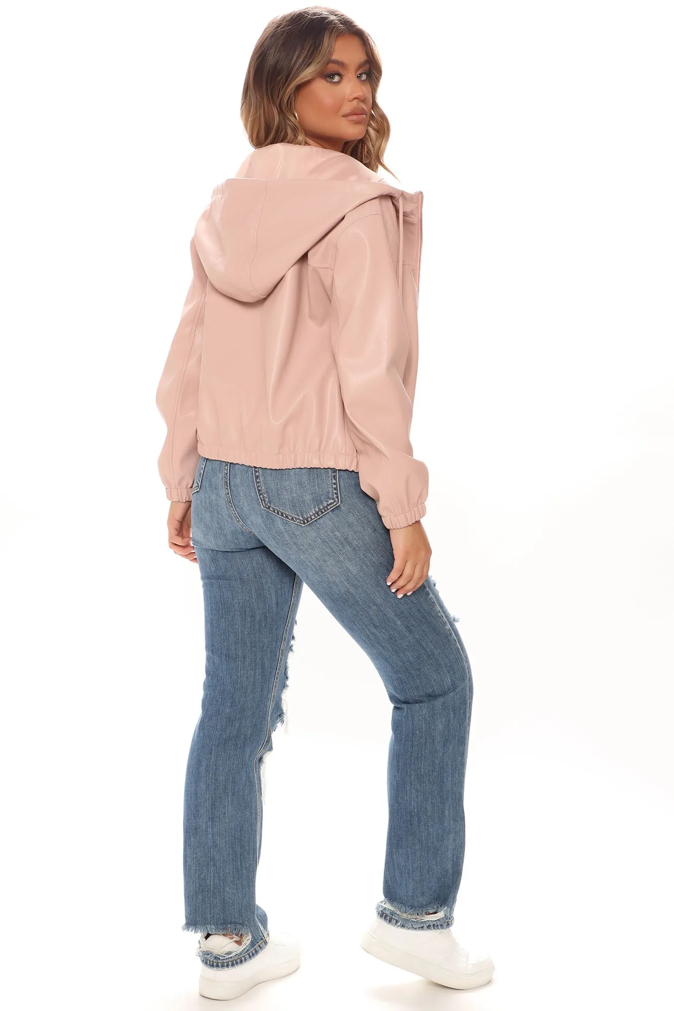 Bad Habits Faux Leather Bomber Jacket - Blush