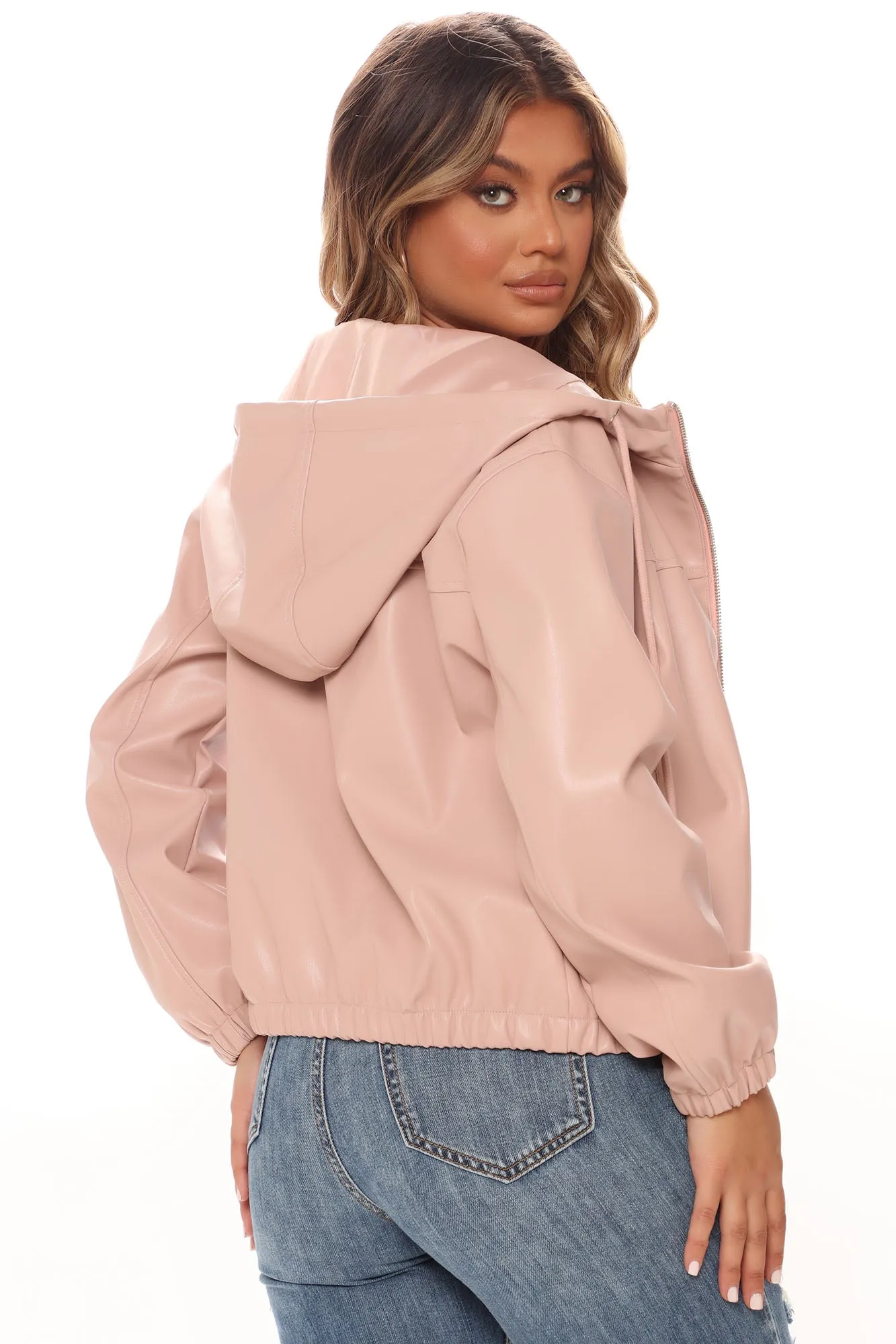 Bad Habits Faux Leather Bomber Jacket - Blush