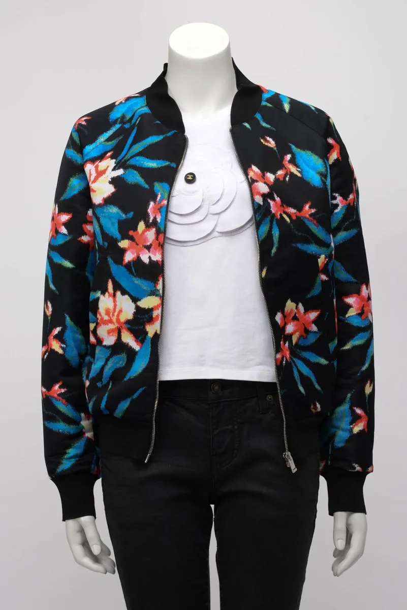 Balenciaga Black Satin Floral Print Bomber Jacket IT 44