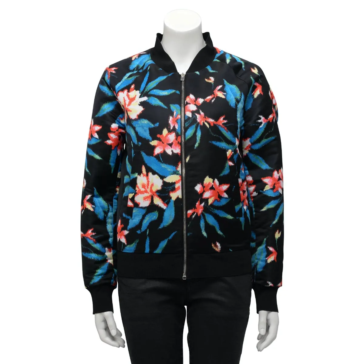 Balenciaga Black Satin Floral Print Bomber Jacket IT 44