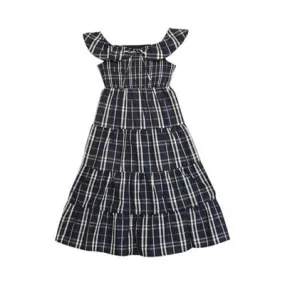 Beautees Big Girls Smocked Bodice Plaid Taffeta Tiered Maxi Dress - Navy