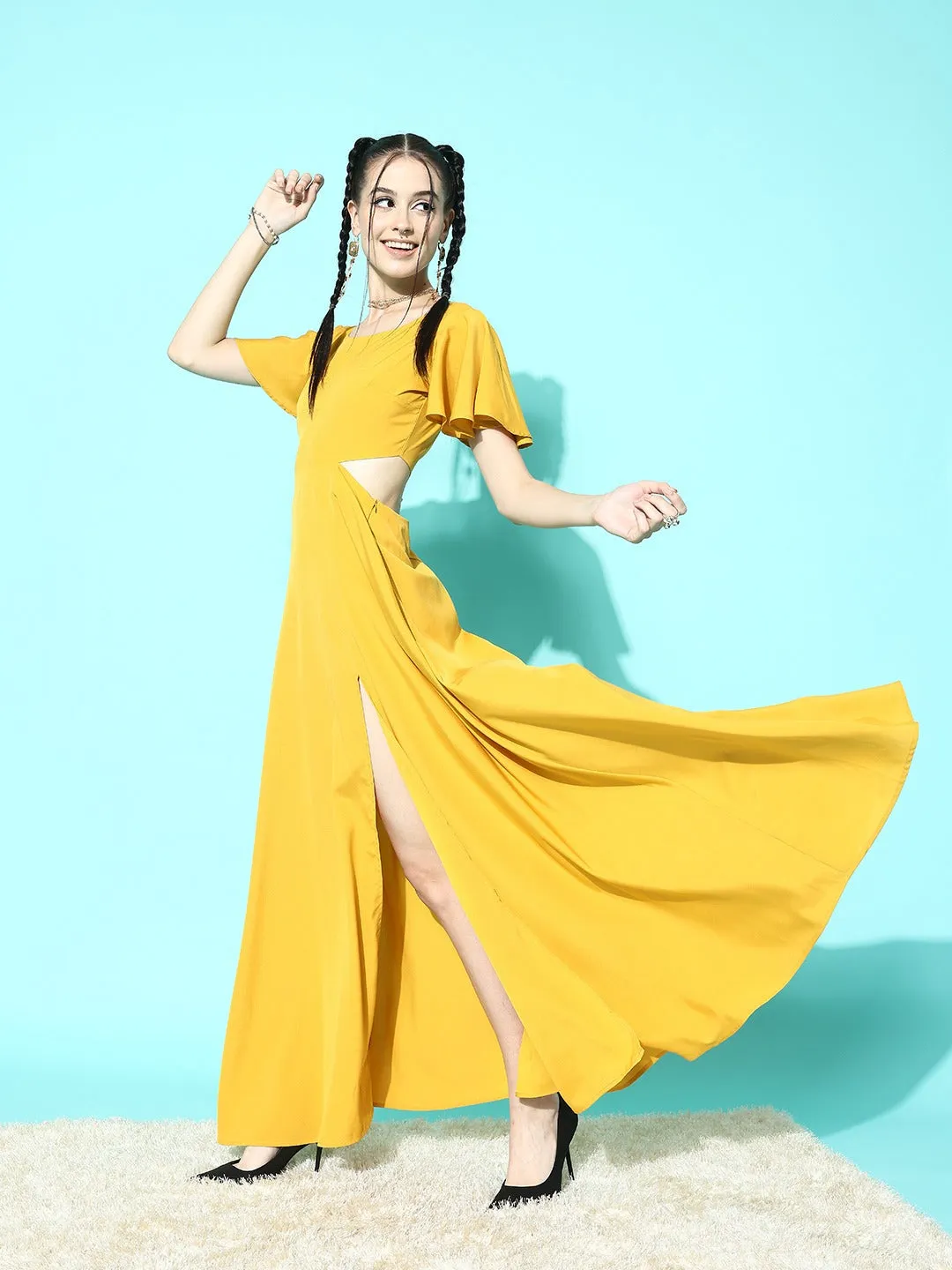 Berrylush Women Solid Yellow Round Neck Cutout Crepe Thigh-High Slit Fit & Flare Maxi Dress