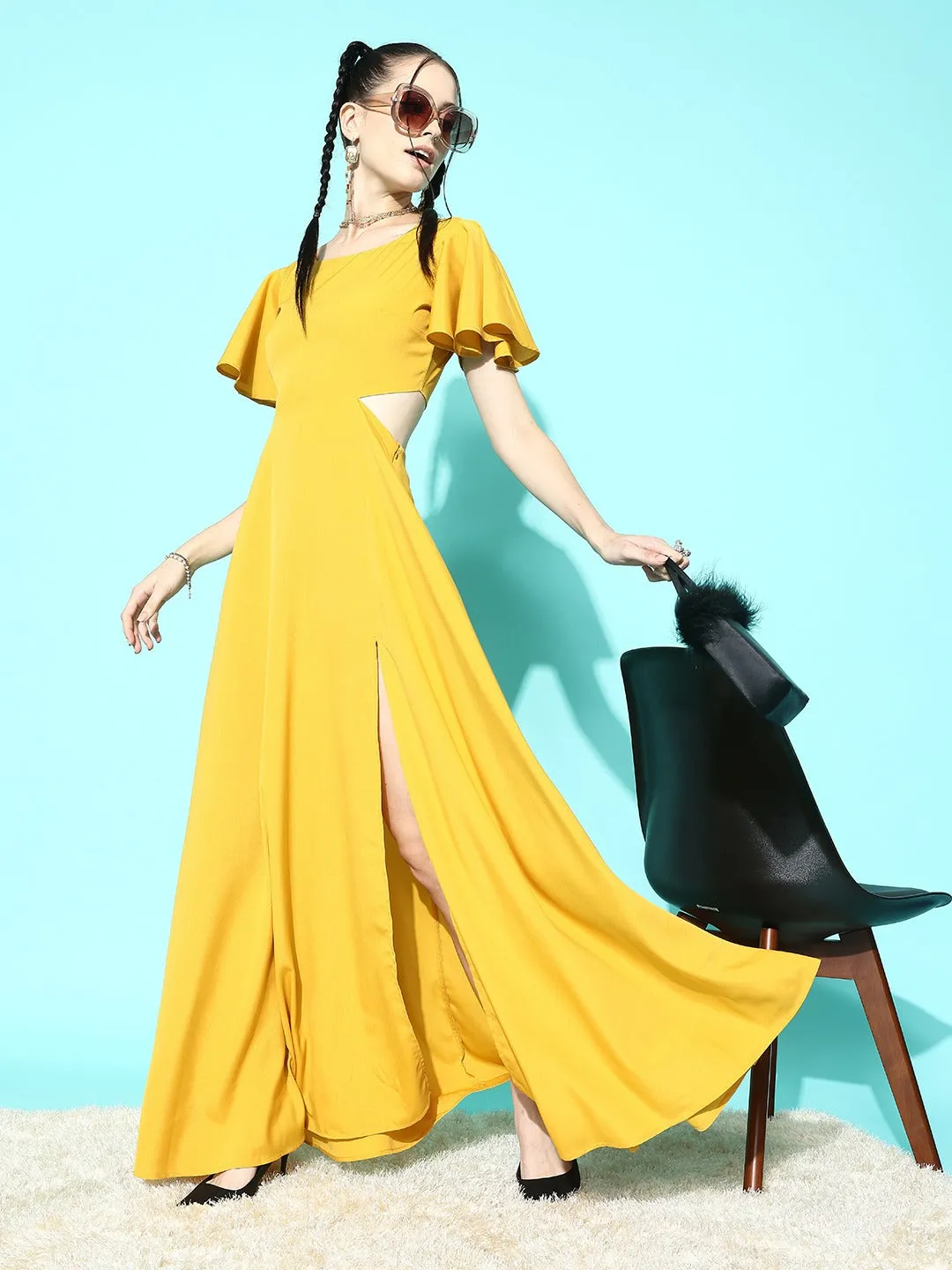 Berrylush Women Solid Yellow Round Neck Cutout Crepe Thigh-High Slit Fit & Flare Maxi Dress