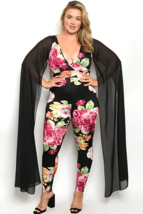 Black Floral Plus Size Bodycon Jumpsuit