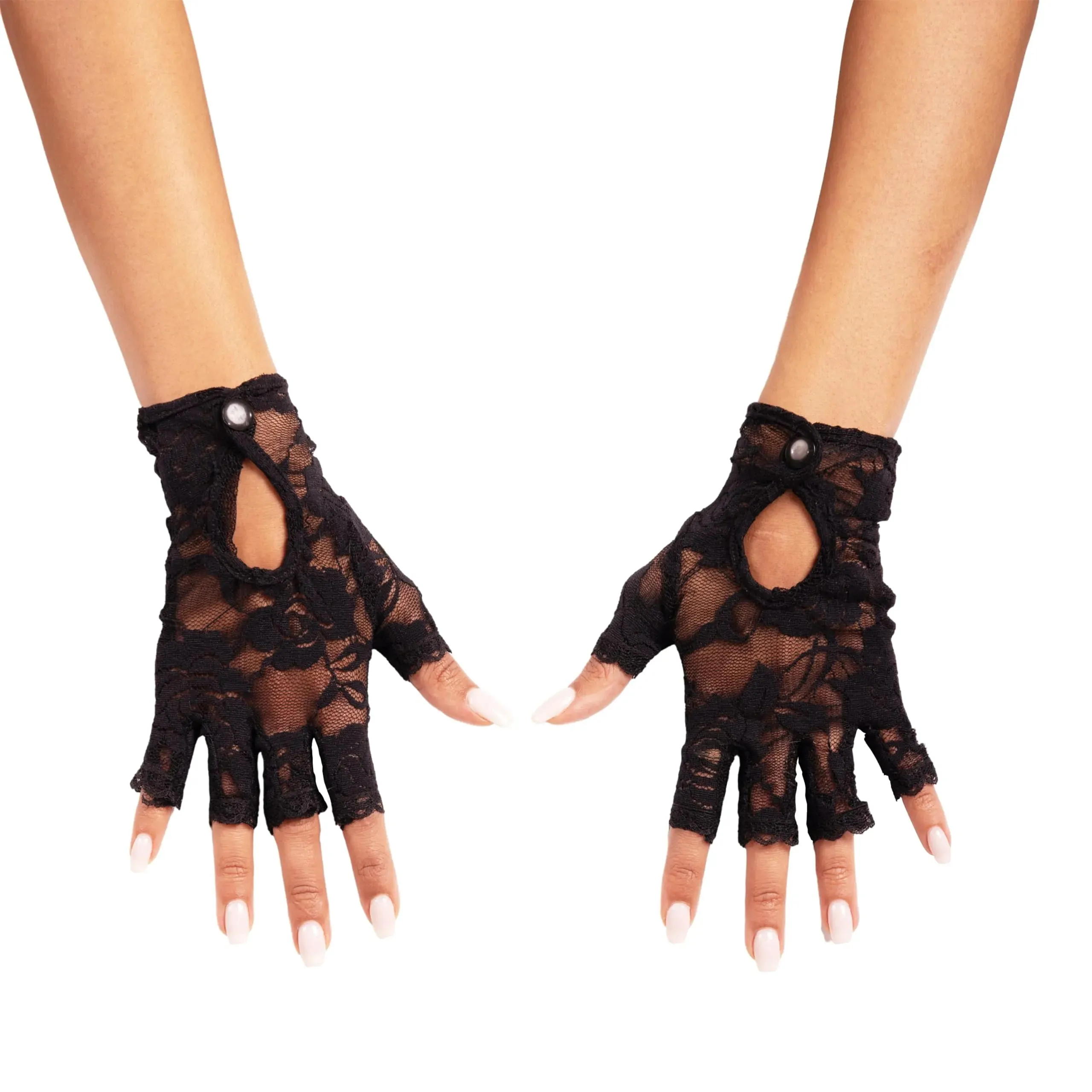 Black Lace Keyhole Fingerless Gloves, Short Floral Gloves for Women