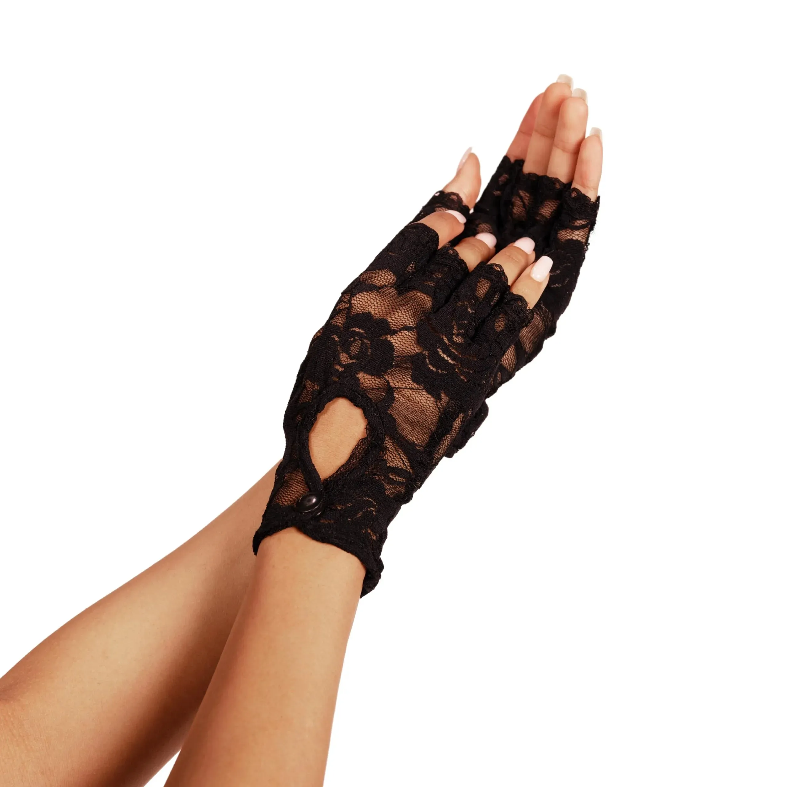 Black Lace Keyhole Fingerless Gloves, Short Floral Gloves for Women