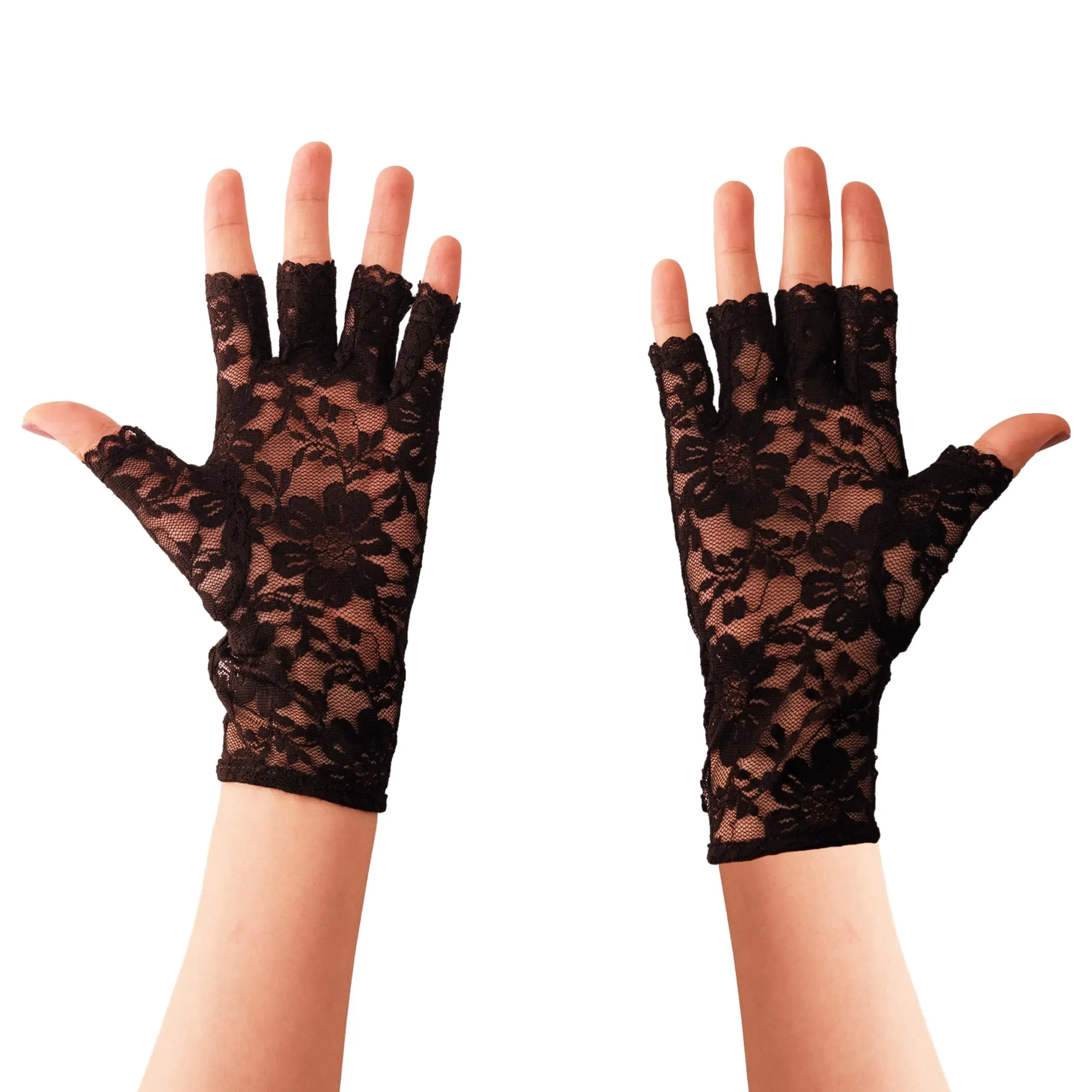 Black Lace Keyhole Fingerless Gloves, Short Floral Gloves for Women