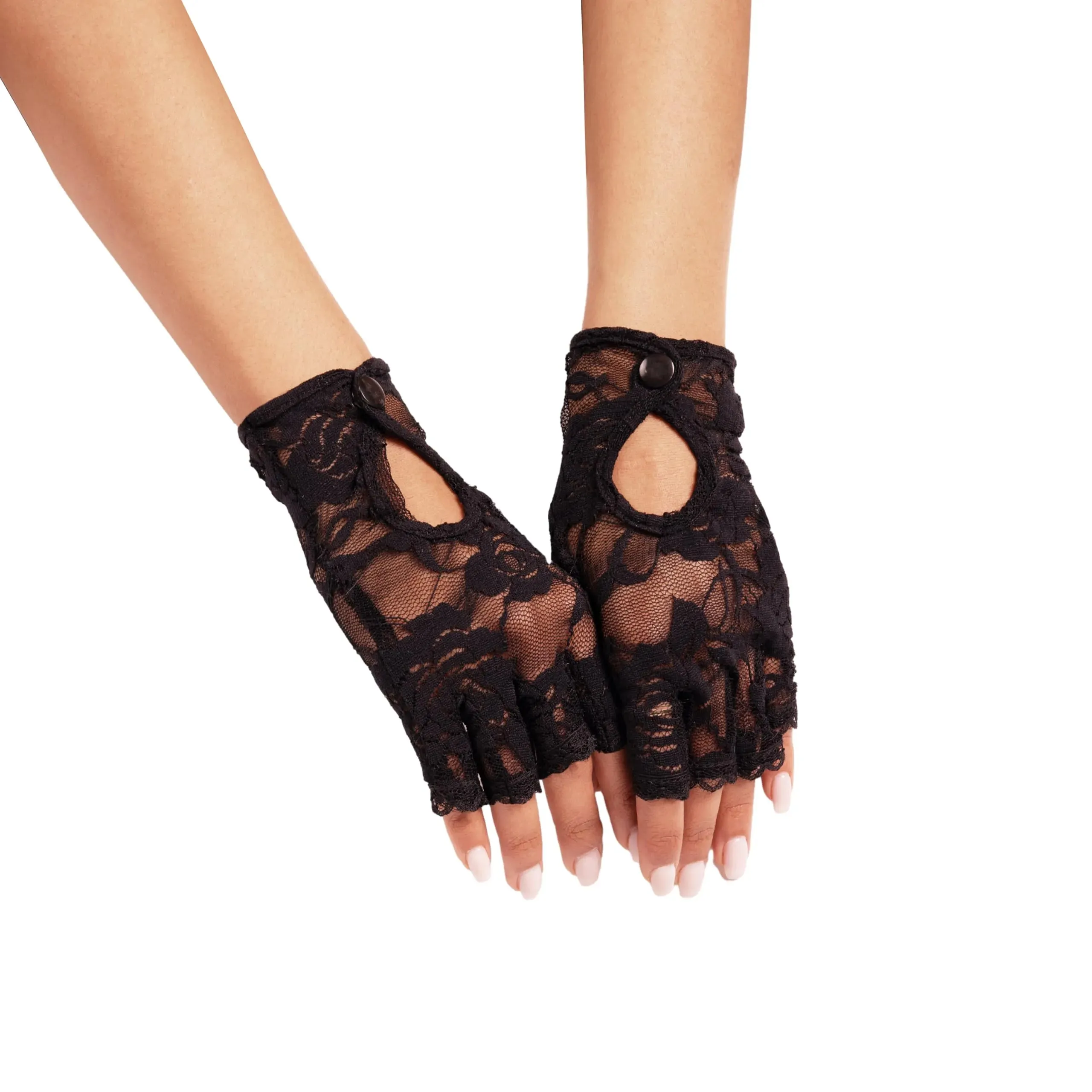 Black Lace Keyhole Fingerless Gloves, Short Floral Gloves for Women