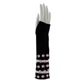 Black Long Fingerless Gloves with Stripes & Pink Skull & Crossbones