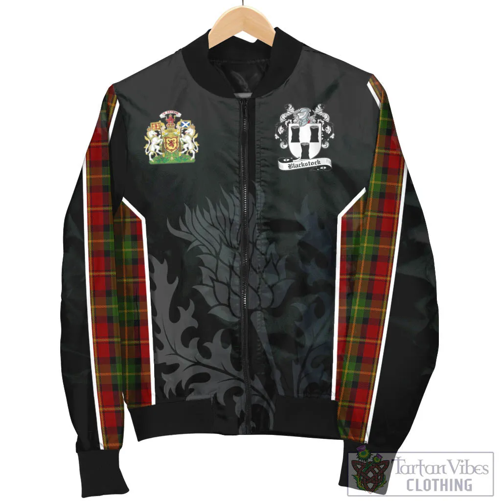 Blackstock Red Dress Tartan Bomber Jacket with Family Crest and Scottish Thistle Vibes Sport Style