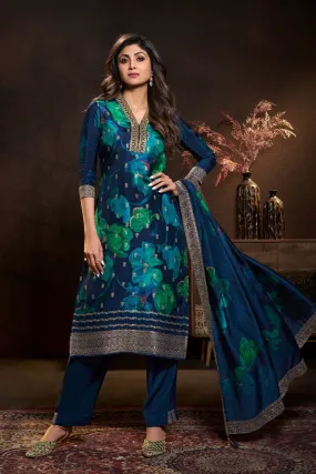 Blue Digital Printed Dola Silk Pants Set