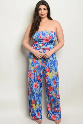 Blue Floral Strapless Plus Size Jumpsuit