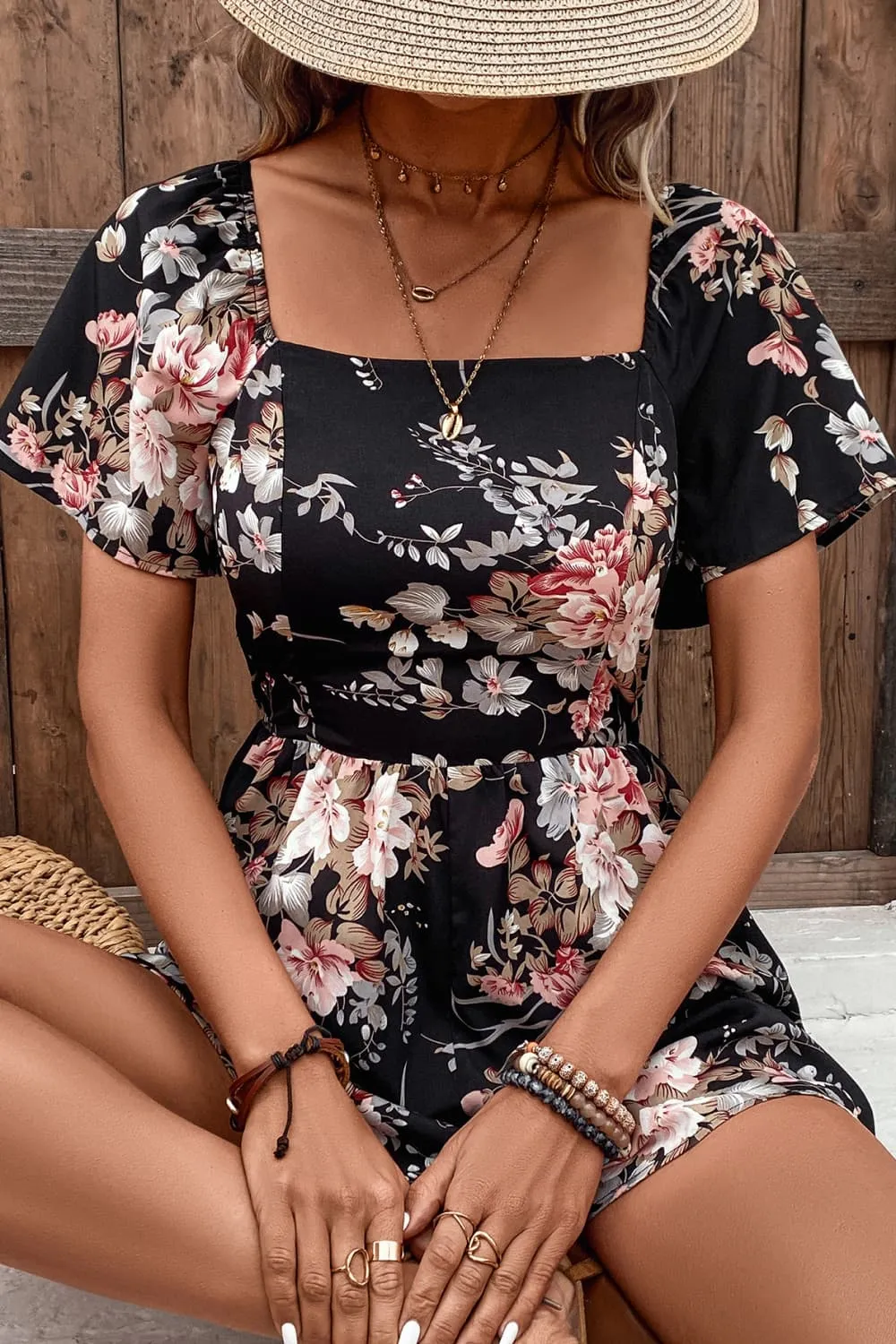 Bohemian Floral Cutout Tie Back Romper