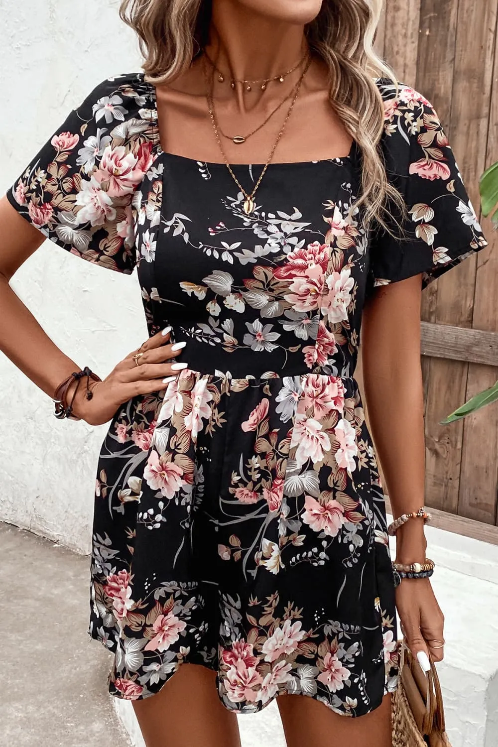 Bohemian Floral Cutout Tie Back Romper