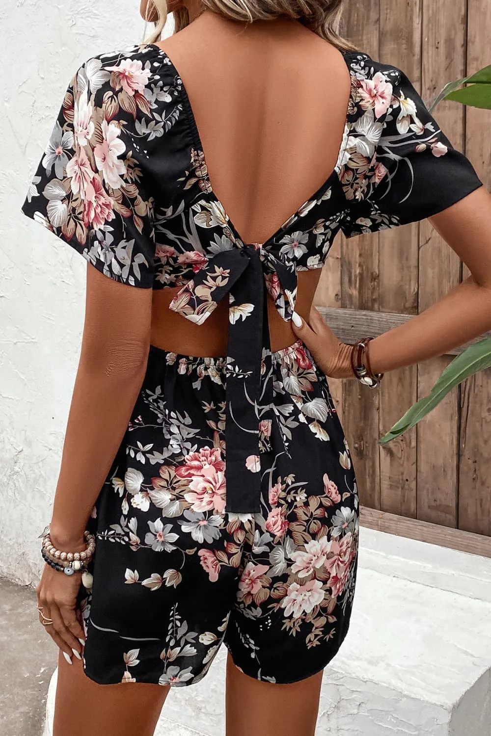 Bohemian Floral Cutout Tie Back Romper