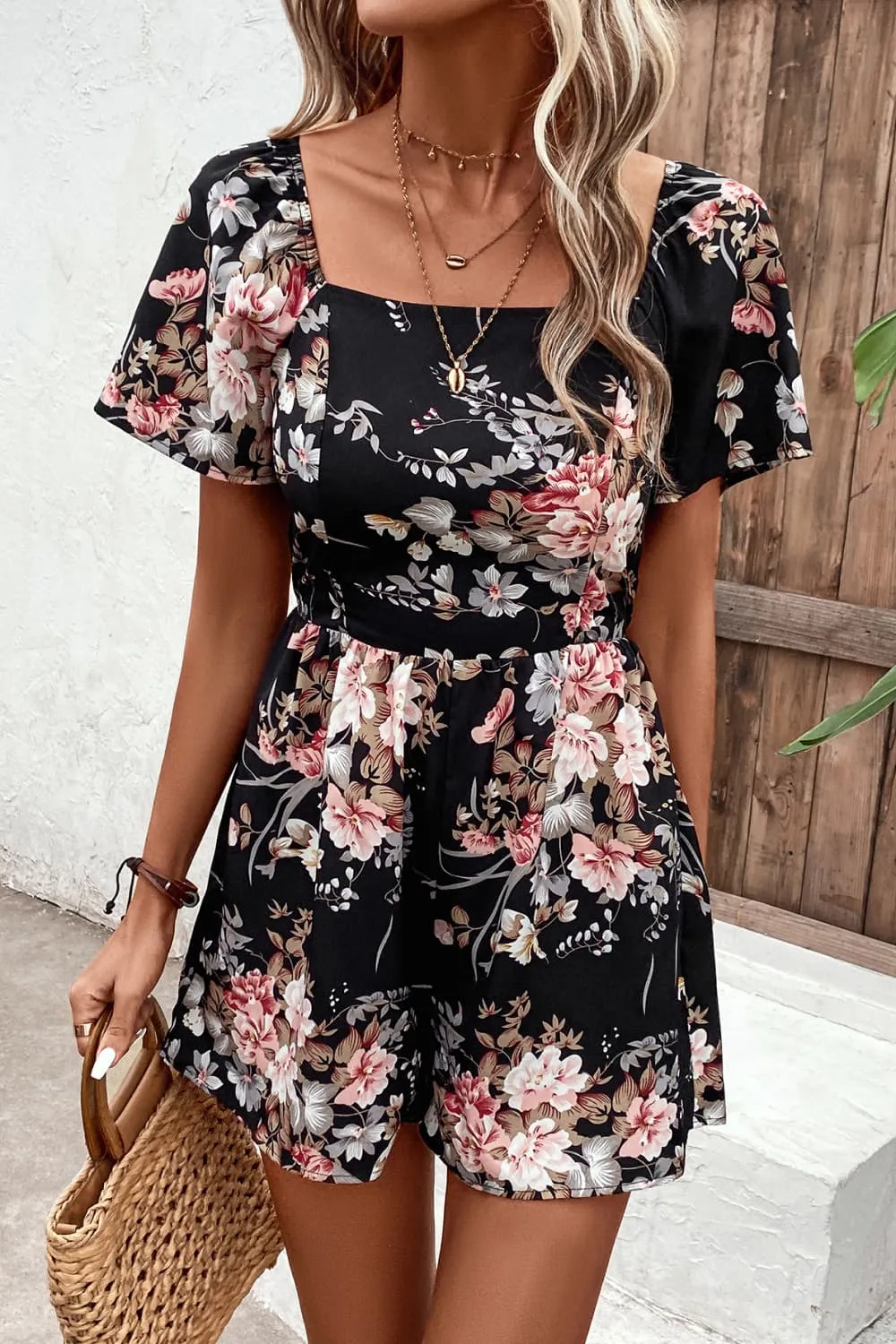 Bohemian Floral Cutout Tie Back Romper