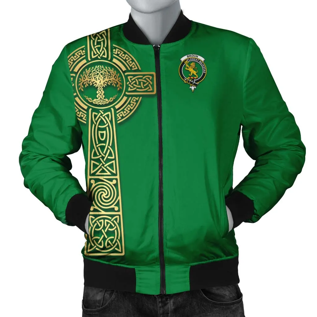 Broun Clan Bomber Jacket with Golden Celtic Tree Of Life