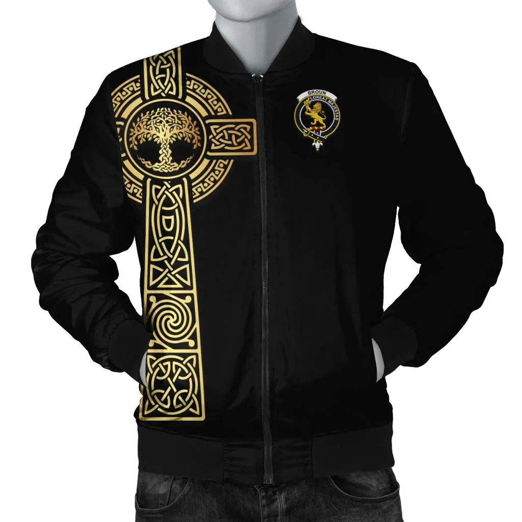 Broun Clan Bomber Jacket with Golden Celtic Tree Of Life