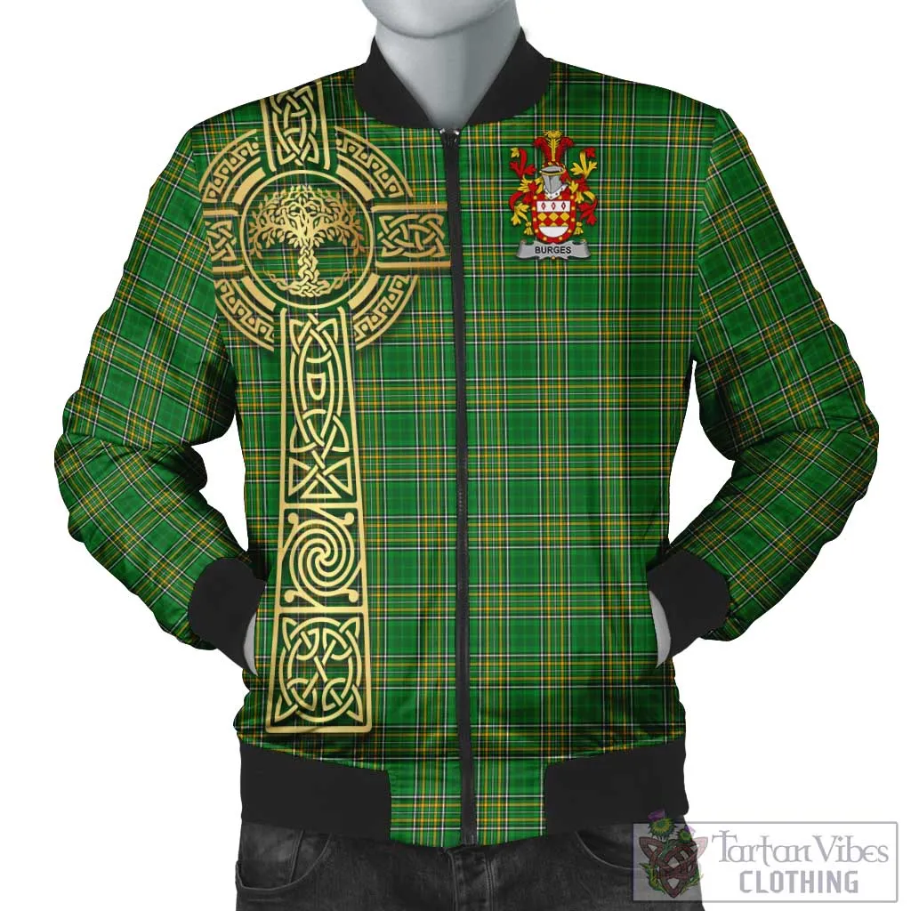 Burges Irish Clan Tartan Bomber Jacket with Coat of Arms Celtic Tree of Life Style