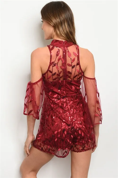 Burgundy Lace Cold Shoulder Romper