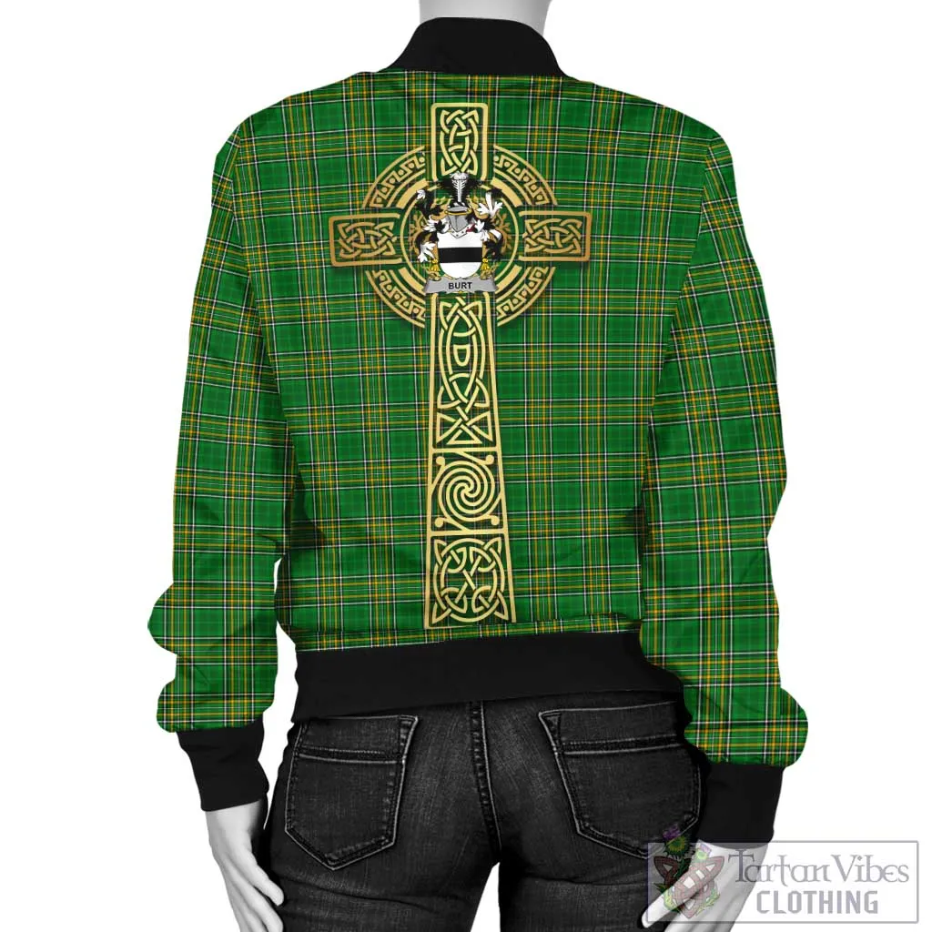 Burt Irish Clan Tartan Bomber Jacket with Coat of Arms Celtic Tree of Life Style