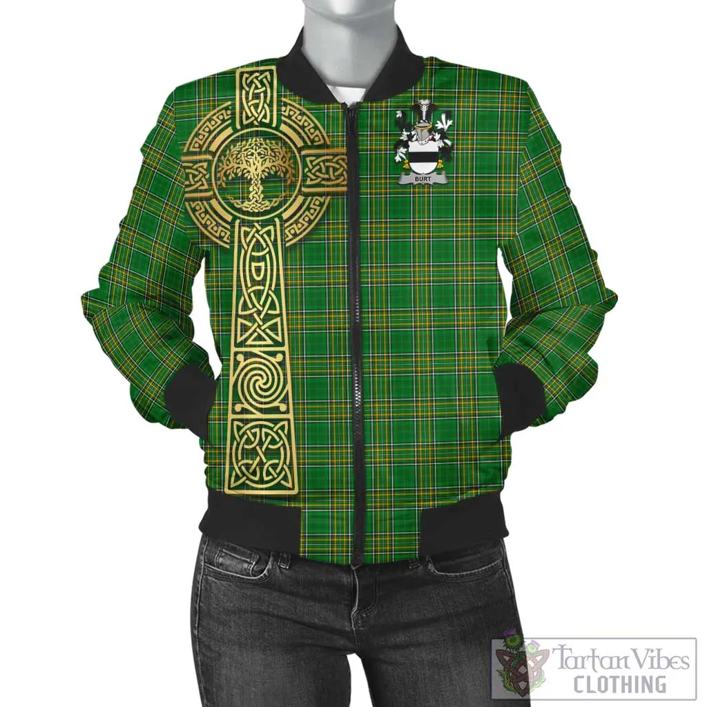 Burt Irish Clan Tartan Bomber Jacket with Coat of Arms Celtic Tree of Life Style