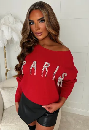 Catch A Vibe Red Diamond Embellished Paris Jumper