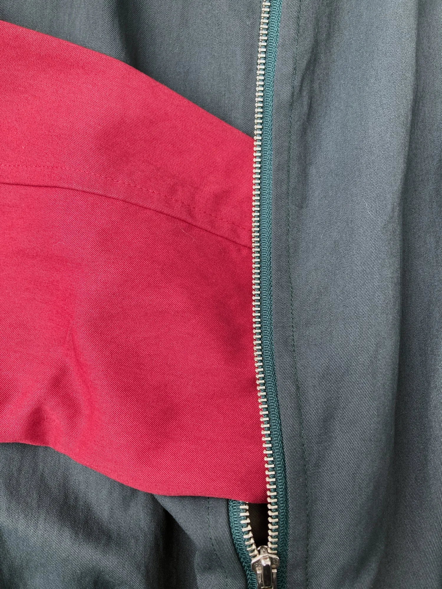 Colin Harvey 1980s green bomber jacket with wine red sleeves - mens S M