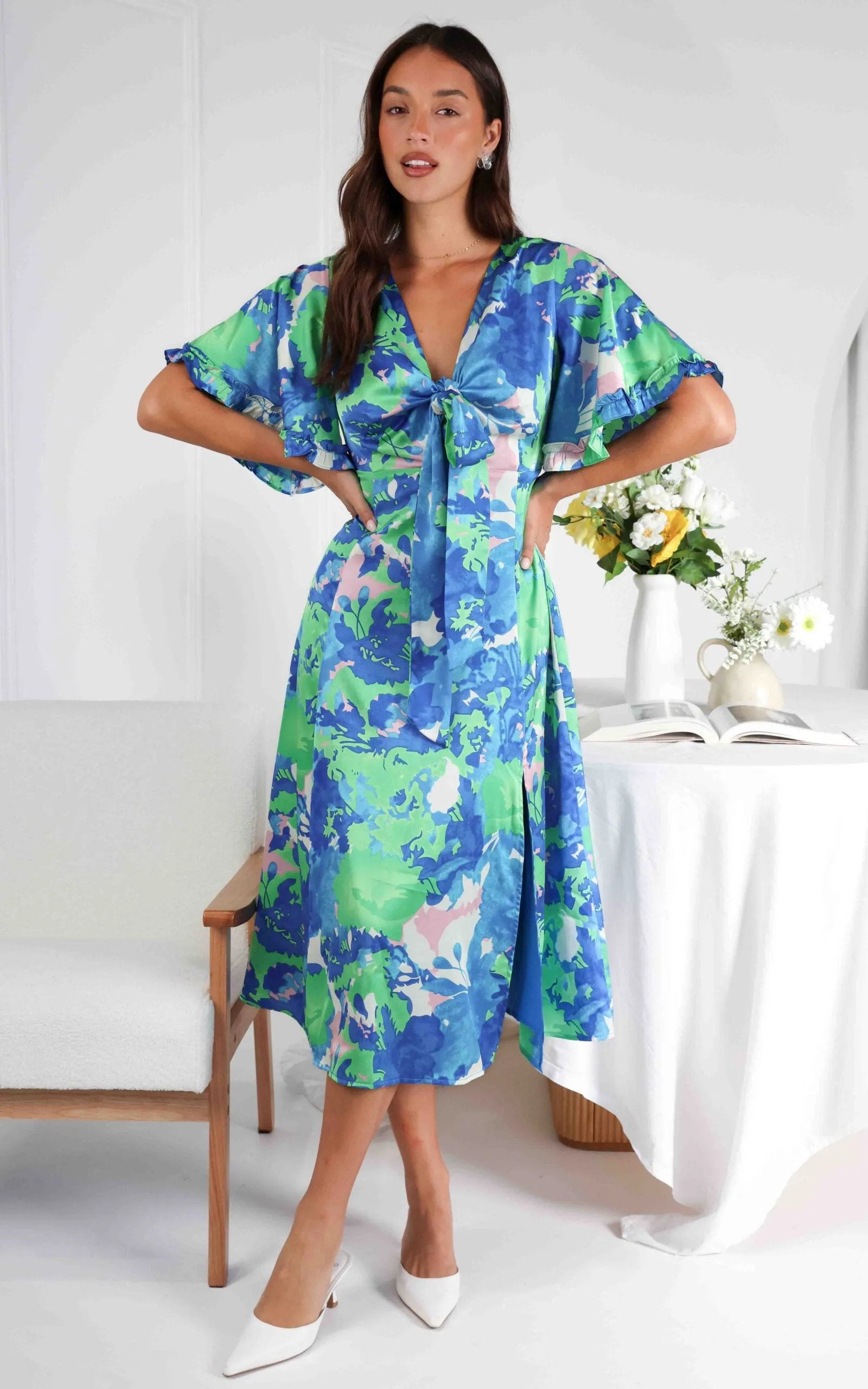 Conessa Midi Dress - Blue Green Print