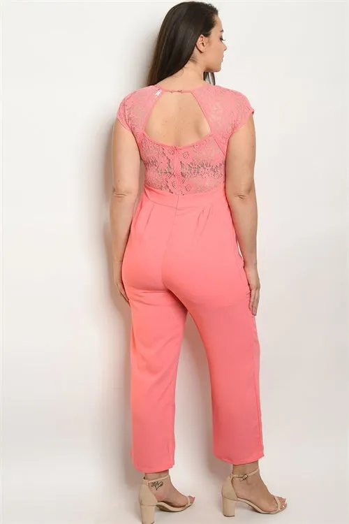 Coral Pink Lace Accent Plus Size Jumpsuit