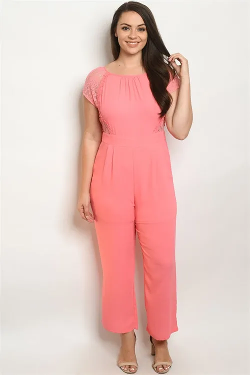 Coral Pink Lace Accent Plus Size Jumpsuit