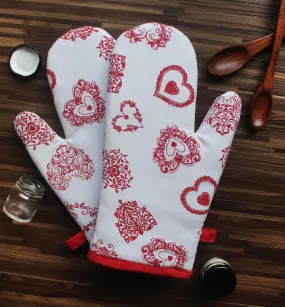 Cotton Red Heart Oven Gloves Pack Of 2