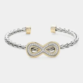 Cubic Zirconia Stone Paved Infinity Pointed Two Tone Cuff Bracelet