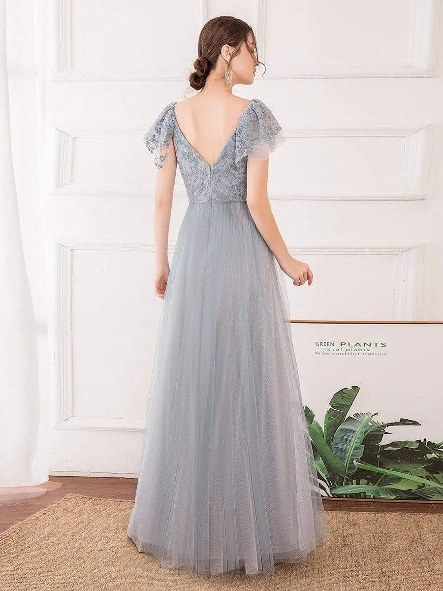 Deep V Neck Lace Tulle Bridesmaid Dress With Ruffle Sleeve