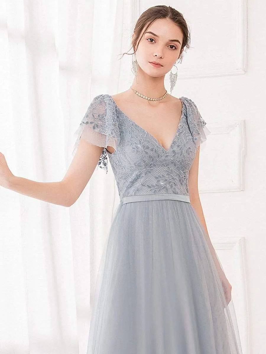 Deep V Neck Lace Tulle Bridesmaid Dress With Ruffle Sleeve