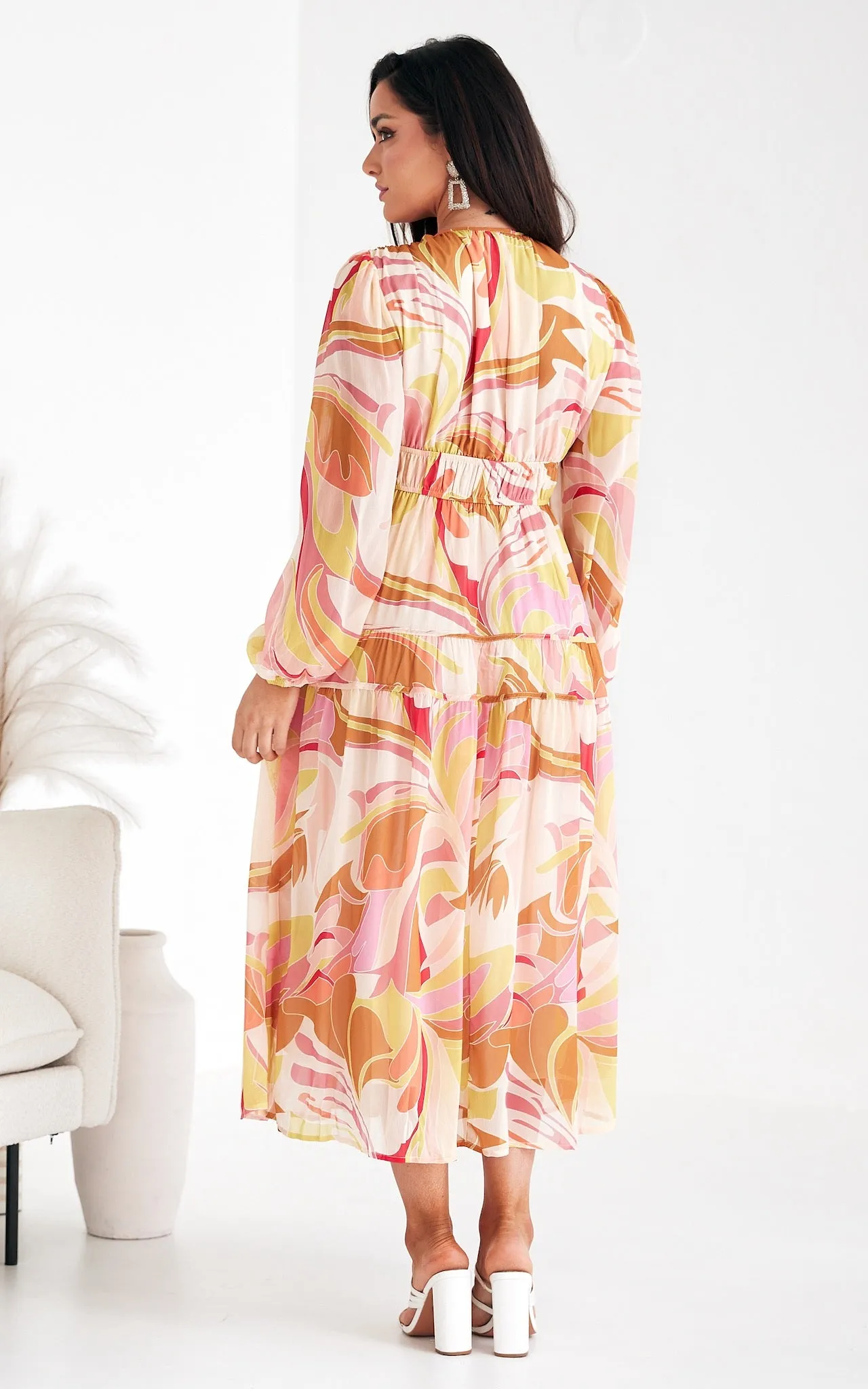 Diana Long Sleeve Maxi Dress - Yellow Cream Multi Print